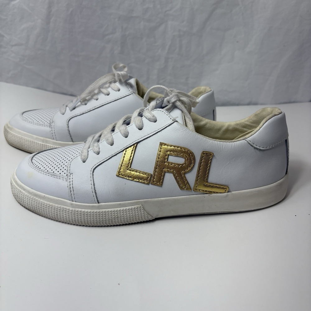 Lauren Ralph Lauren Jaede Sneakers White Leather Gold LRL Logo Shoes Womens 8.5M